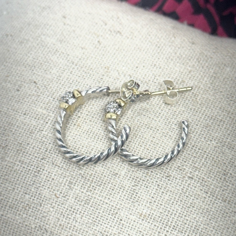 David Yurman Petite Diamond Ball Semi Hoop Earrings .925 / 18K Gold - Picture 3 of 11